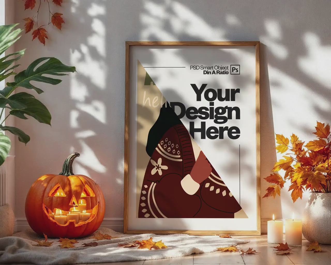 Halloween Frame Mockup PSD, Halloween Wall Art, Rustic Autumn & Pumpkins Vertical Artwork, Spooky Art Mockup,