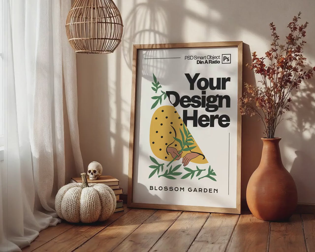 Halloween Frame Mockup PSD, Halloween Wall Art, Rustic Autumn & Pumpkins Vertical Artwork, Spooky Art Mockup