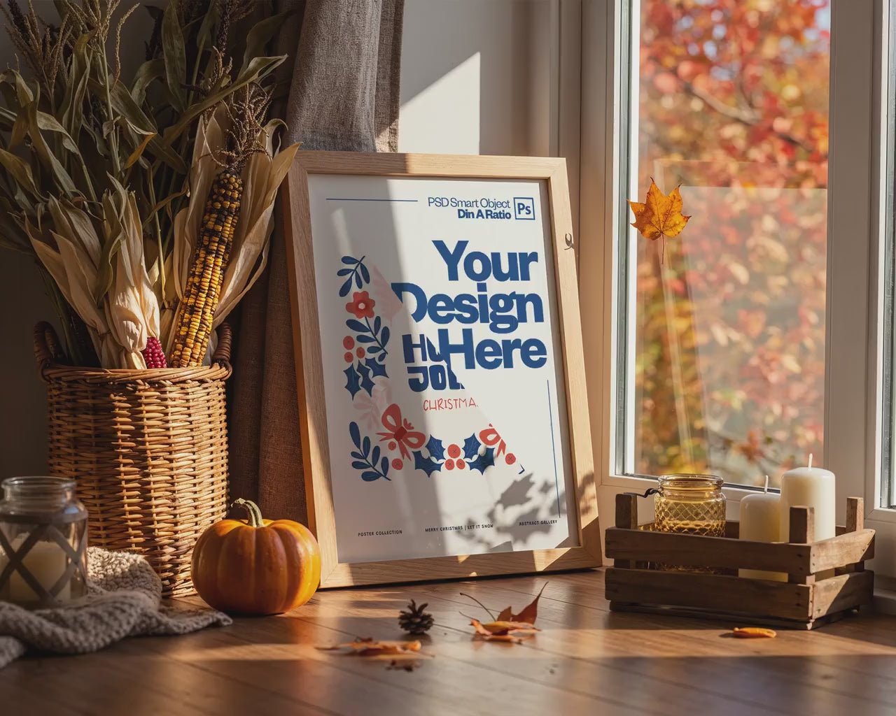 Halloween Frame Mockup PSD, Halloween Wall Art, Rustic Autumn & Pumpkins Vertical Artwork, Spooky Art Mockup