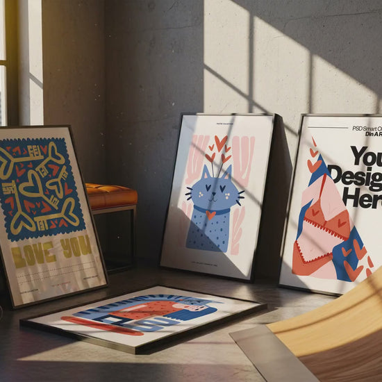 Set of 4 Frame Mockup, Three Multiple Gallery Set 4 Bundle, 4 Vertical Frame Art Display Mockup, Digital Print Mockup - PSD