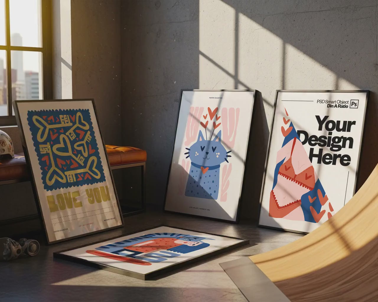 Set of 4 Frame Mockup, Three Multiple Gallery Set 4 Bundle, 4 Vertical Frame Art Display Mockup, Digital Print Mockup - PSD