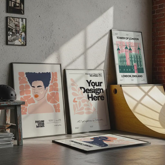 Set of 4 Frame Mockup, Three Multiple Gallery Set 4 Bundle, 4 Vertical Frame Art Display Mockup, Digital Print Mockup - PSD