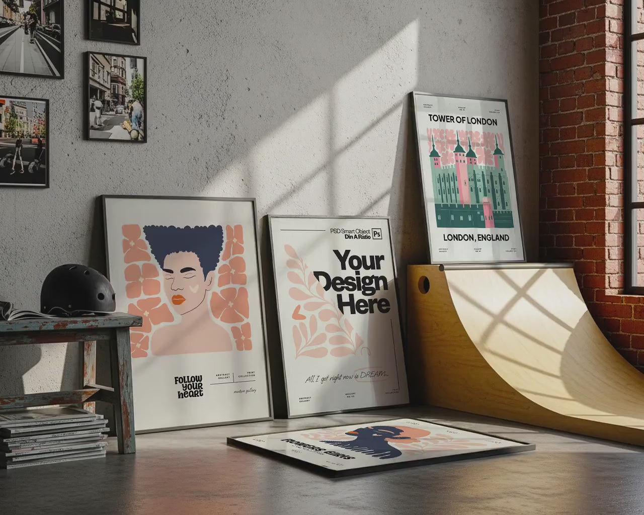 Set of 4 Frame Mockup, Three Multiple Gallery Set 4 Bundle, 4 Vertical Frame Art Display Mockup, Digital Print Mockup - PSD