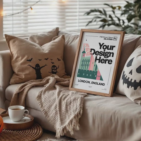 Halloween Frame Mockup PSD, Halloween Wall Art, Rustic Autumn & Pumpkins Vertical Artwork, Spooky Art Mockup,