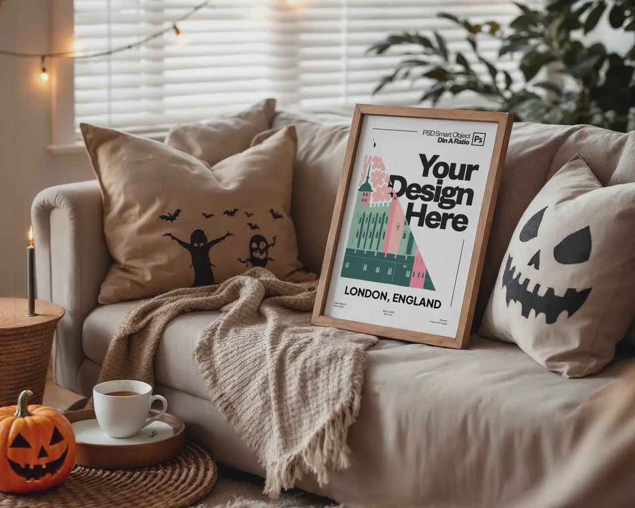 Halloween Frame Mockup PSD, Halloween Wall Art, Rustic Autumn & Pumpkins Vertical Artwork, Spooky Art Mockup,