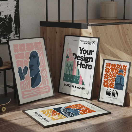 Set of 4 Frame Mockup, Three Multiple Gallery Set 4 Bundle, 4 Vertical Frame Art Display Mockup, Digital Print Mockup - PSD