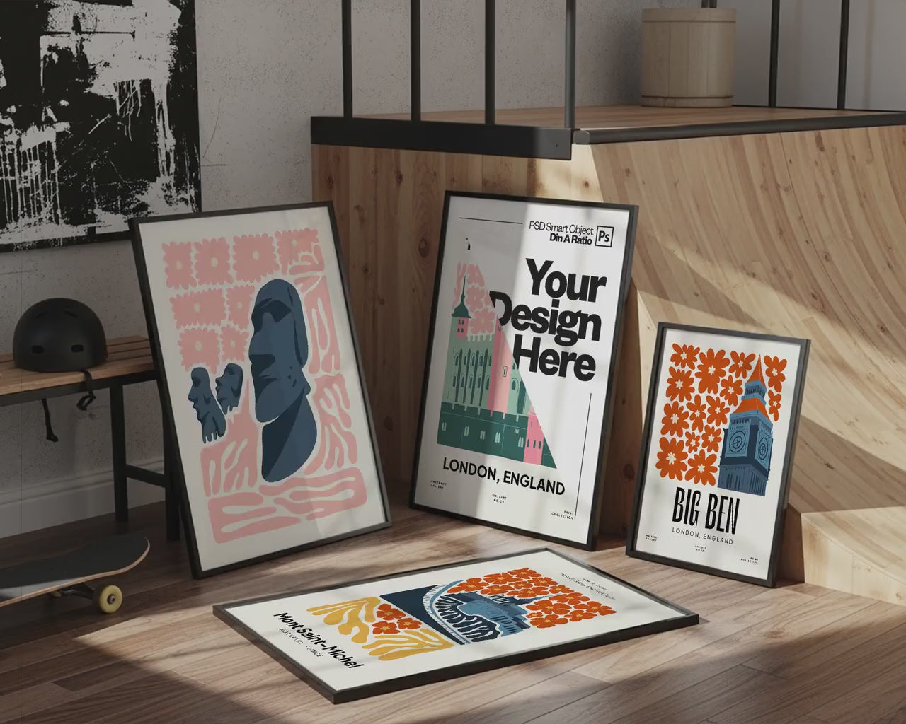 Set of 4 Frame Mockup, Three Multiple Gallery Set 4 Bundle, 4 Vertical Frame Art Display Mockup, Digital Print Mockup - PSD