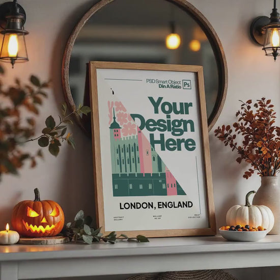 Halloween Frame Mockup PSD, Halloween Wall Art, Rustic Autumn & Pumpkins Vertical Artwork, Spooky Art Mockup,