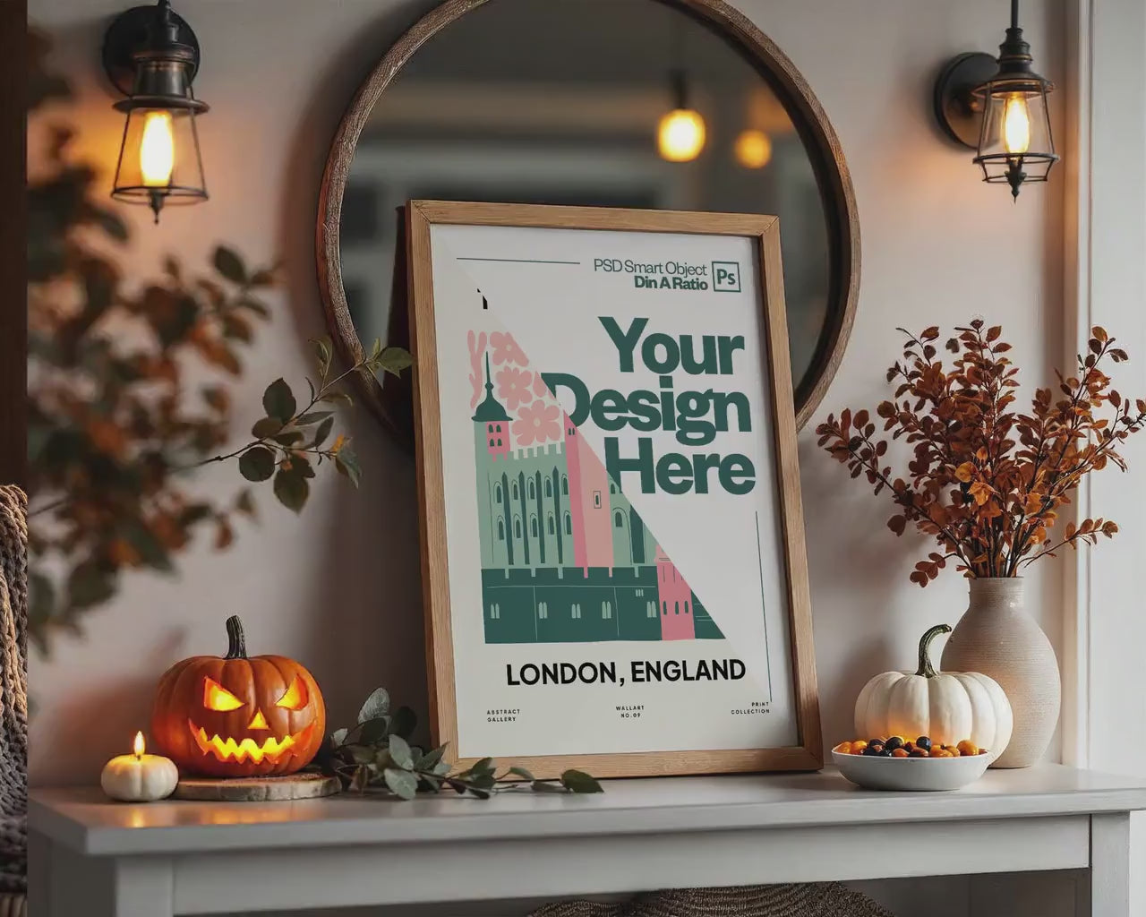 Halloween Frame Mockup PSD, Halloween Wall Art, Rustic Autumn & Pumpkins Vertical Artwork, Spooky Art Mockup,