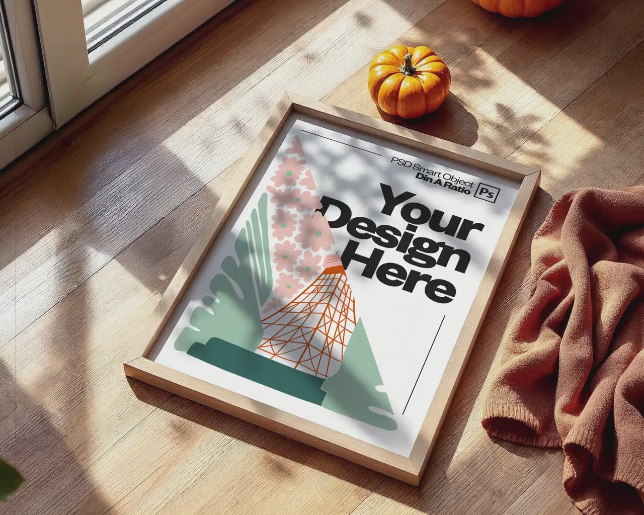 Halloween Frame Mockup PSD, Halloween Wall Art, Rustic Autumn & Pumpkins Vertical Artwork, Spooky Art Mockup