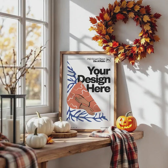 Halloween Frame Mockup PSD, Halloween Wall Art, Rustic Autumn & Pumpkins Vertical Artwork, Spooky Art Mockup,