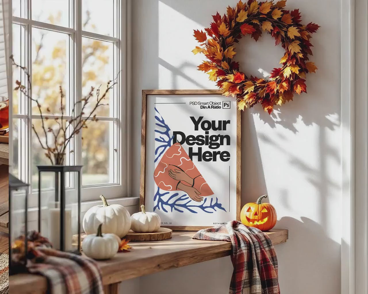 Halloween Frame Mockup PSD, Halloween Wall Art, Rustic Autumn & Pumpkins Vertical Artwork, Spooky Art Mockup,