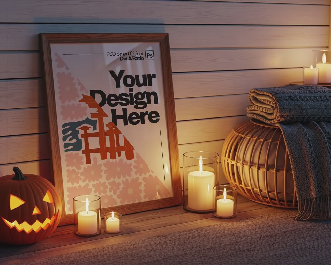 Halloween Frame Mockup PSD, Halloween Wall Art, Rustic Autumn & Pumpkins Vertical Artwork, Spooky Art Mockup