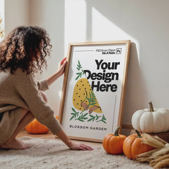 Halloween Frame Mockup With Person PSD, Halloween Wall Art, Rustic Autumn & Pumpkins Vertical Artwork, Spooky Art Mockup,