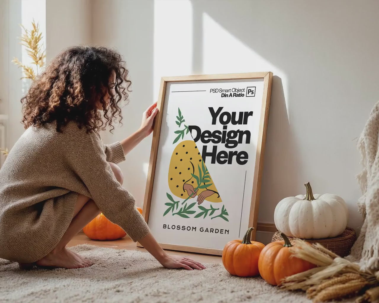 Halloween Frame Mockup With Person PSD, Halloween Wall Art, Rustic Autumn & Pumpkins Vertical Artwork, Spooky Art Mockup,