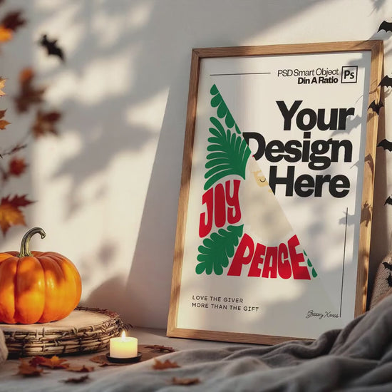 Halloween Frame Mockup PSD, Halloween Wall Art, Rustic Autumn & Pumpkins Vertical Artwork, Spooky Art Mockup