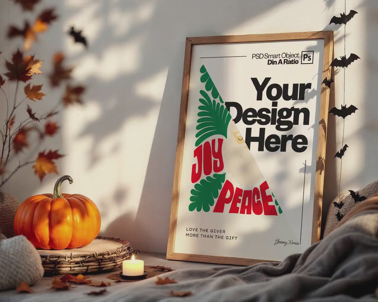 Halloween Frame Mockup PSD, Halloween Wall Art, Rustic Autumn & Pumpkins Vertical Artwork, Spooky Art Mockup