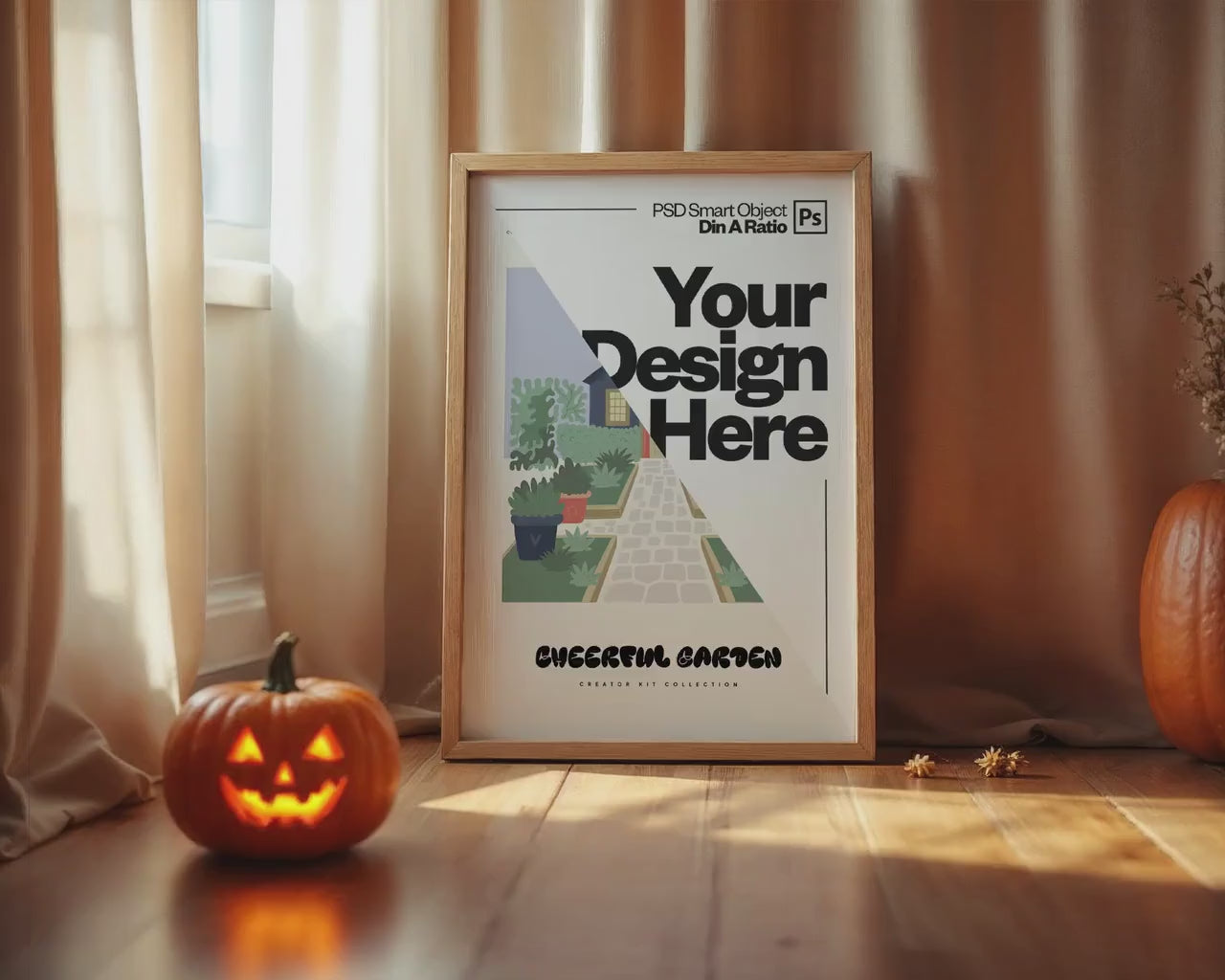 Halloween Frame Mockup PSD, Halloween Wall Art, Rustic Autumn & Pumpkins Vertical Artwork, Spooky Art Mockup